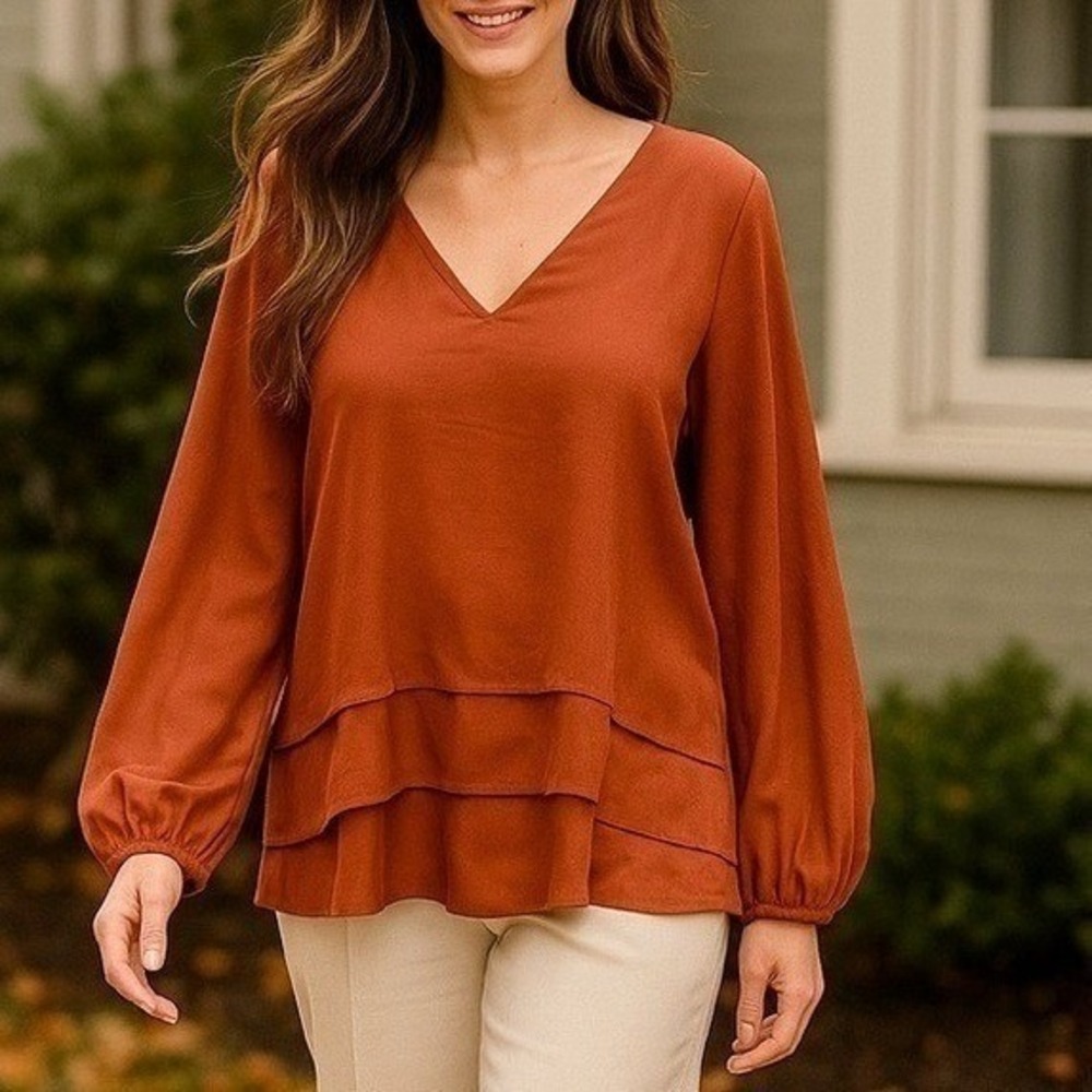 Abercrombie & Fitch Burnt Orange Long Sleeve V-Neck Flowy Blouse Shirt
